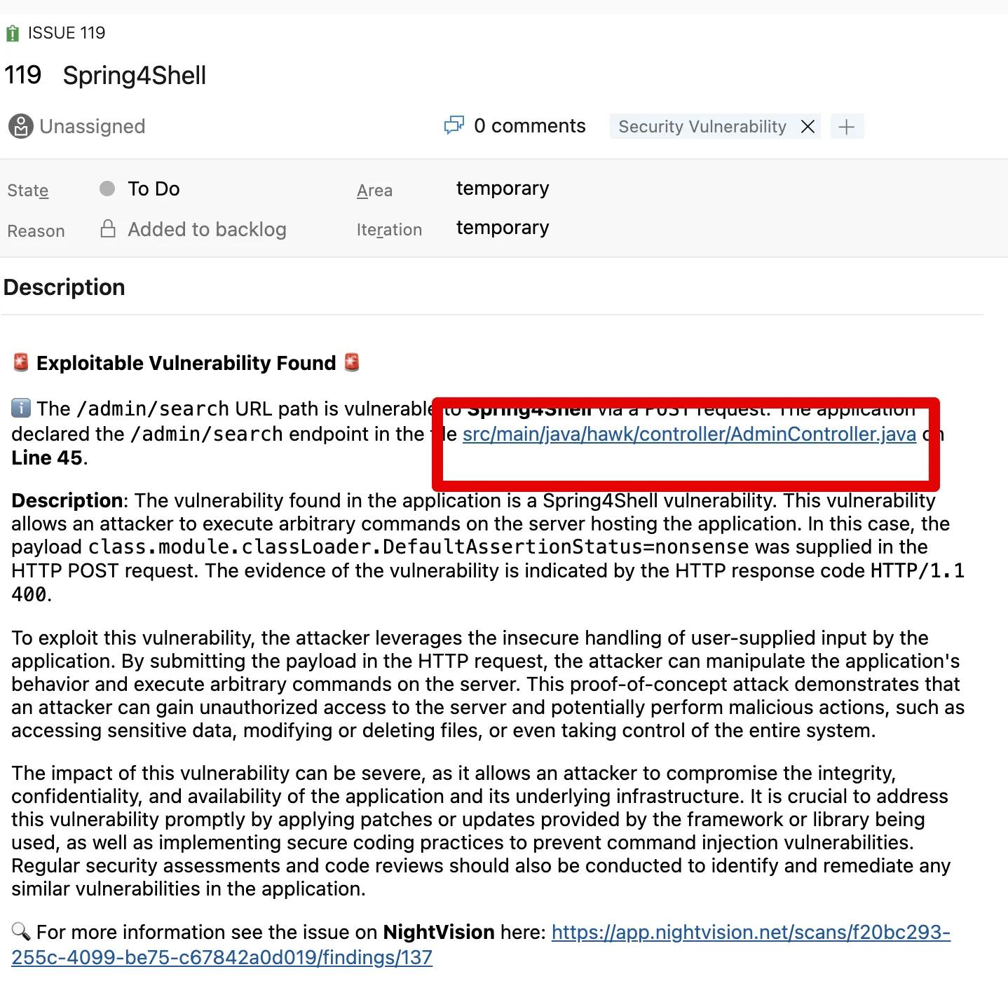 NightVision’s Work items posted to Azure boards provide direct links to the relevant lines of code.