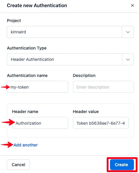 The Create New Authentication menu.
