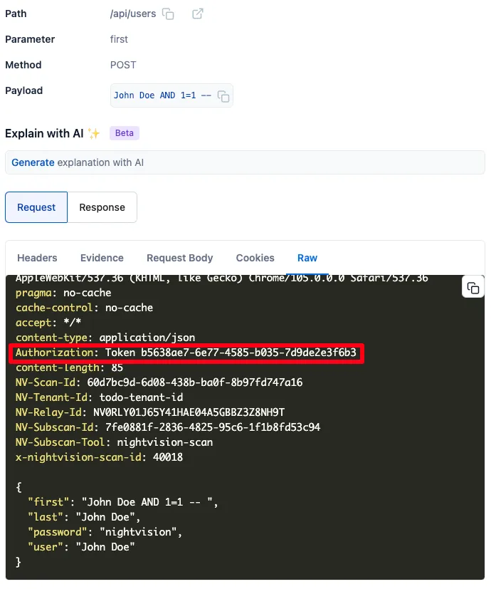 The Header credential is appended to all requests.