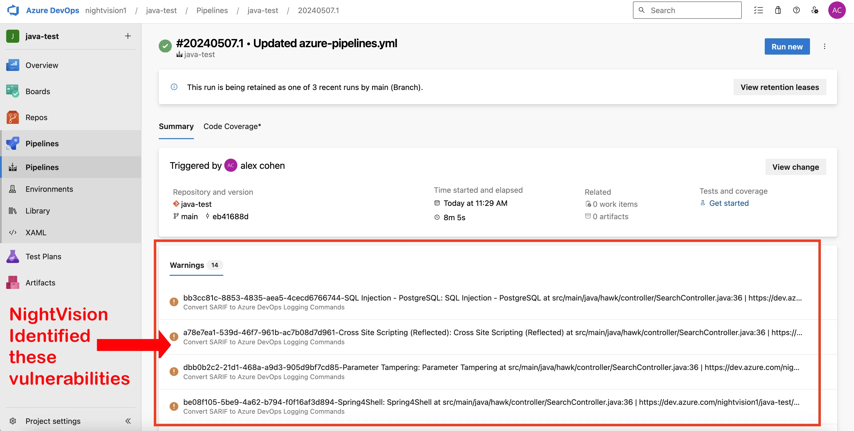 Developers can see the exploitable vulnerability by navigating to Azure pipeline. No noise!