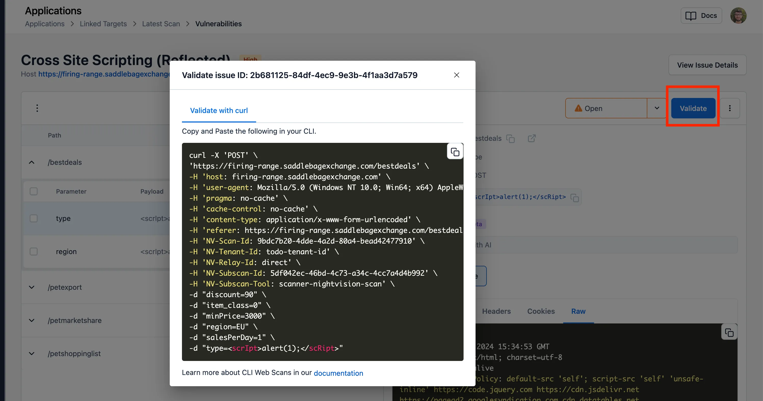 Click the Validate button to show the curl command in a popup window.