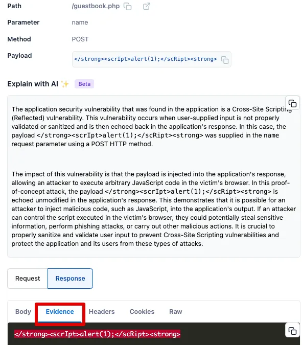 The Evidence tab identifies the response from the server that indicates an exploitable vulnerability.