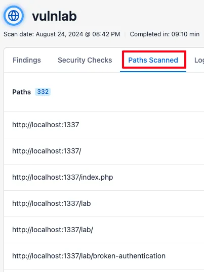 The Paths Scanned tab lists the URLs that were visited during a scan.