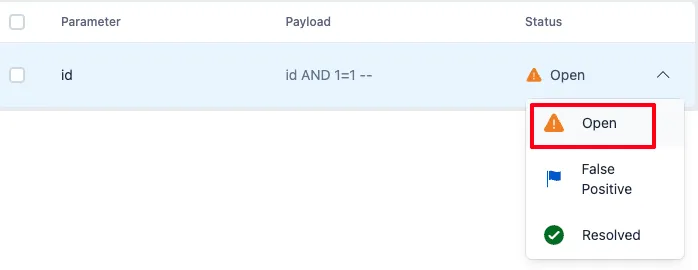 The status dropdown allows you to mark findings as False Positives.