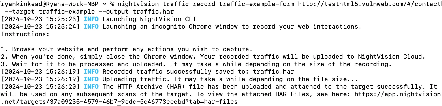 CLI showing the successful creation and upload of the HAR file