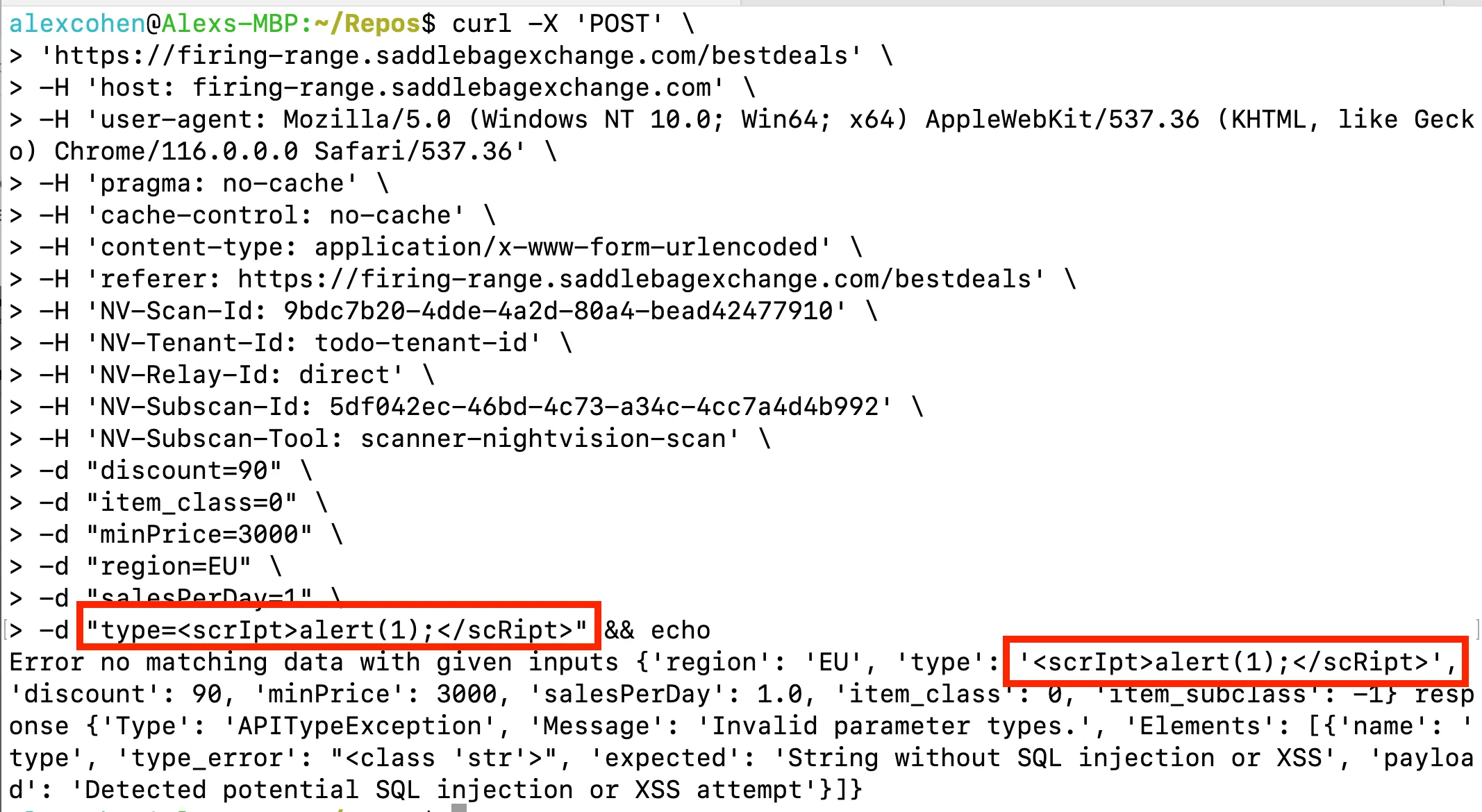 We can try this curl request and see the injected XSS html code contained in the response.
