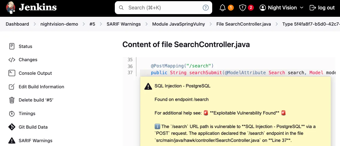 Discovered vulnerabilities are uploaded via the Jenkins warning plugin and displayed next to the line of code.