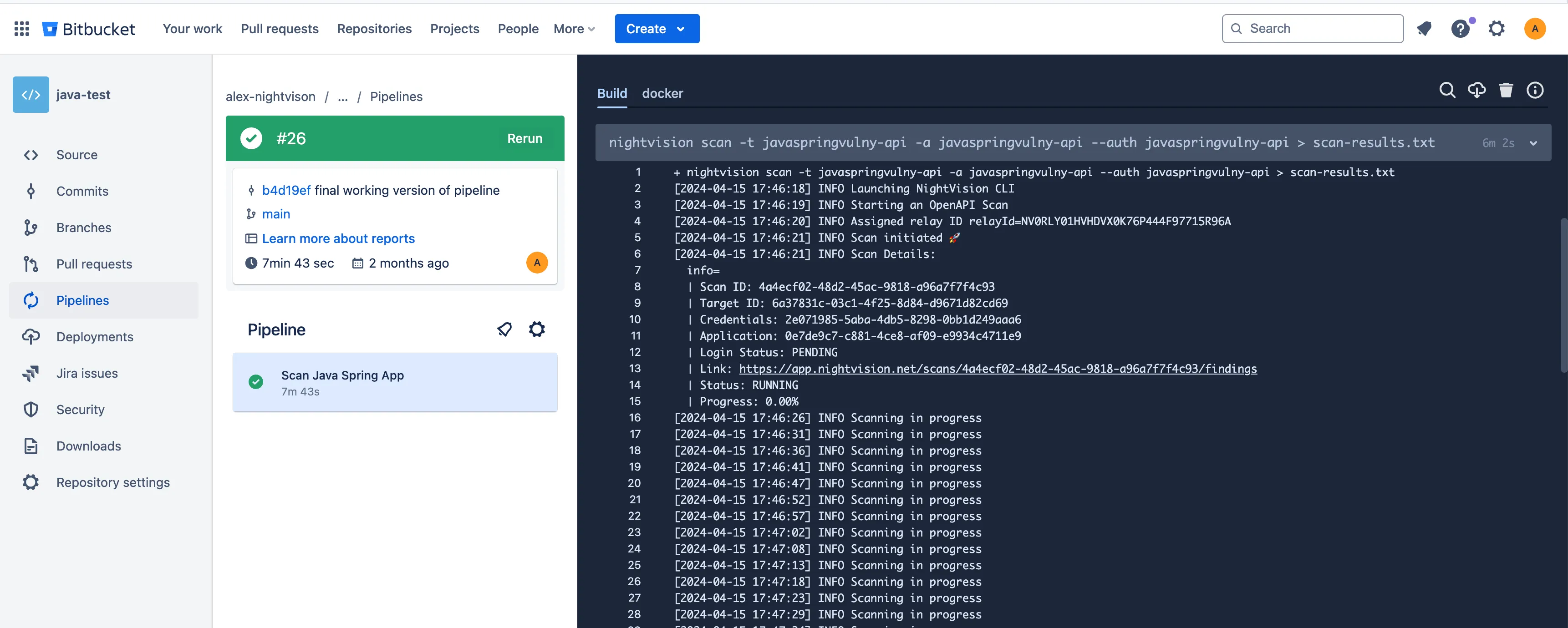 NightVision integrating into BitBucket pipeline.