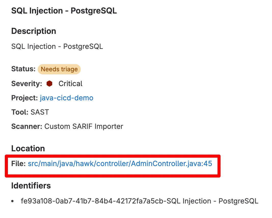 The vulnerable endpoint discovered by NightVision is flagged in the GitLab Vulnerability report.