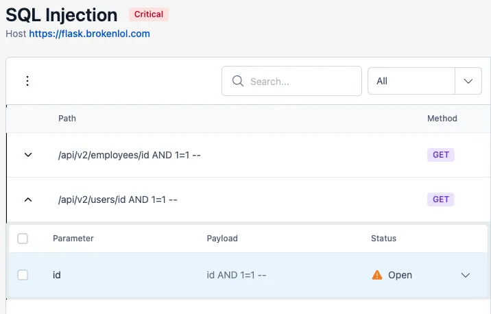 The issue page lists instances of a given vulnerability.