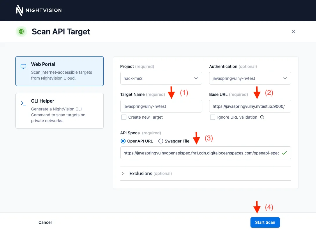 Specifying a new target under the New Scan wizard.