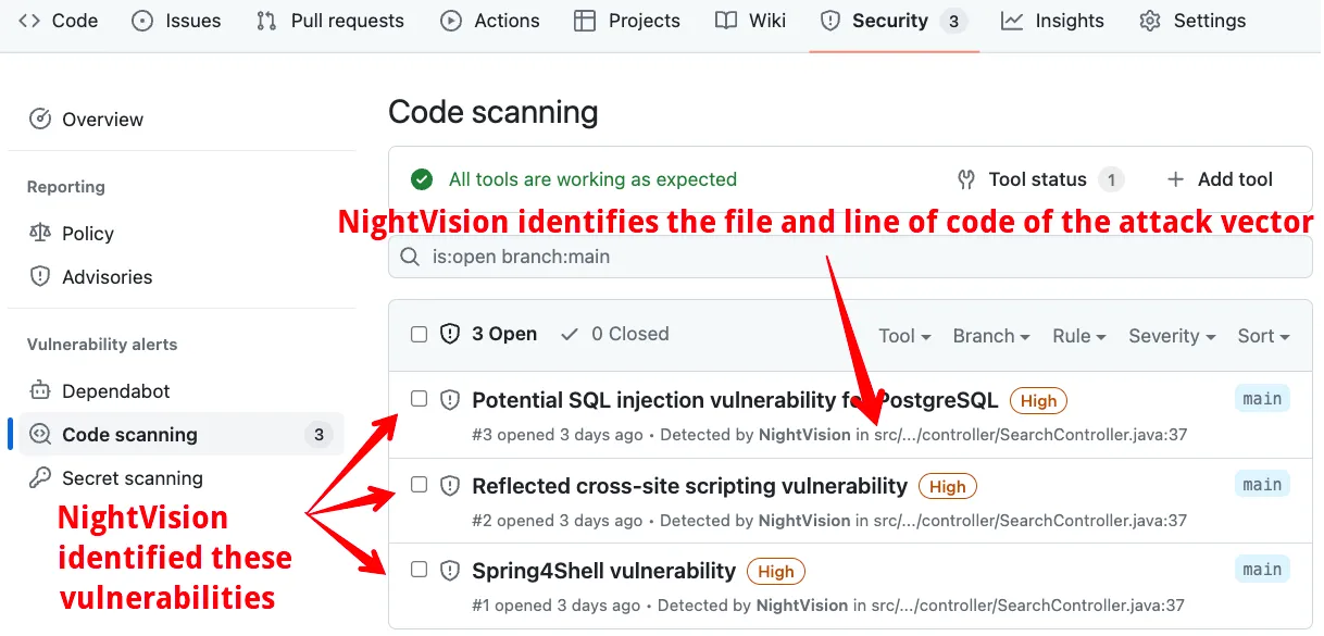 Developers can see the exploitable vulnerability by navigating to GitHub Security Alerts. No noise!