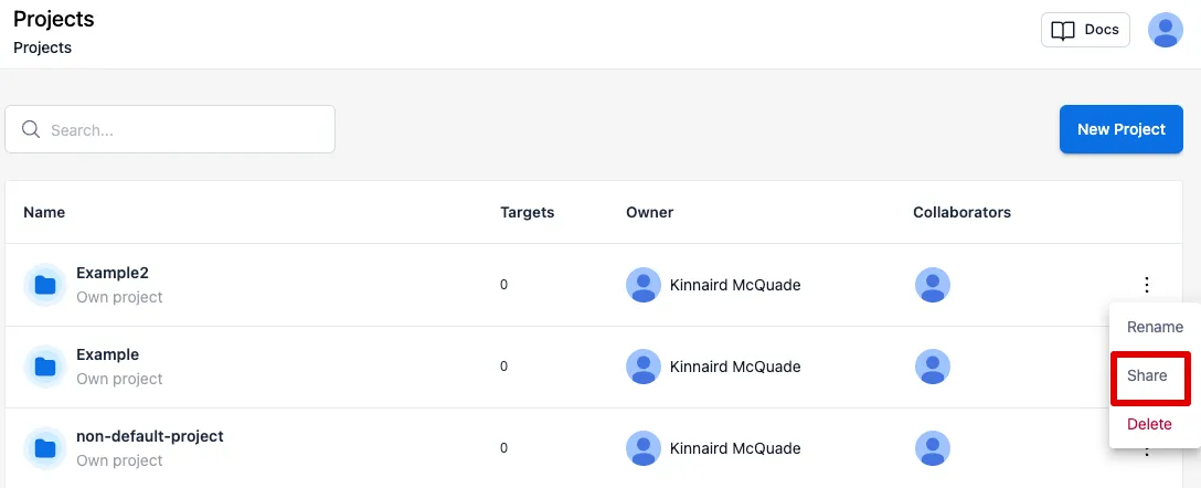 Sharing a project from the Project list page.