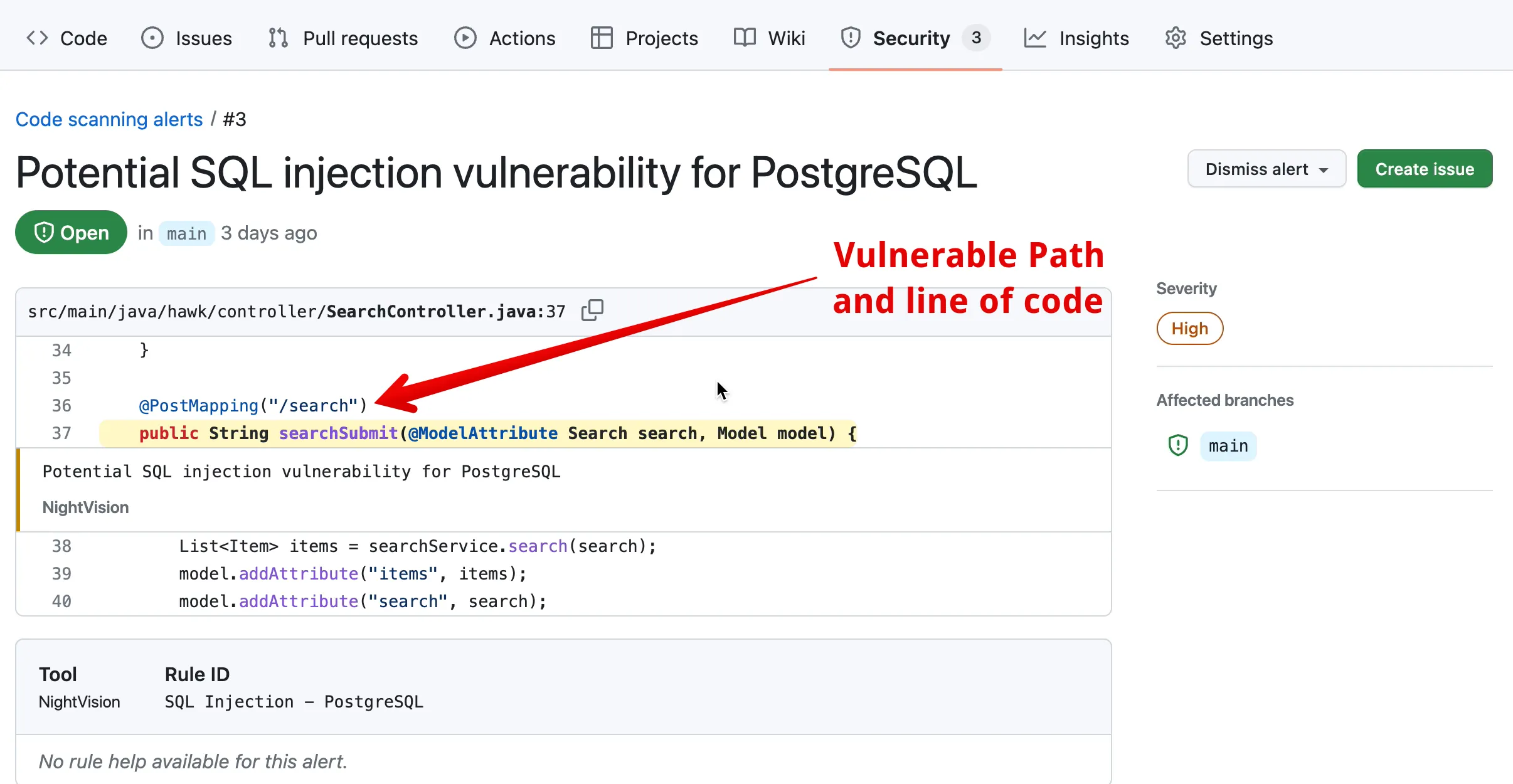 The vulnerable endpoint discovered by NightVision is flagged in GitHub Code Scanning Alerts.