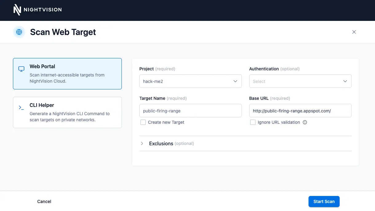 The NightVision "Scan Web Target" interface allows users to set up a new scan by specifying project details, target name, base URL, application, and authentication options.