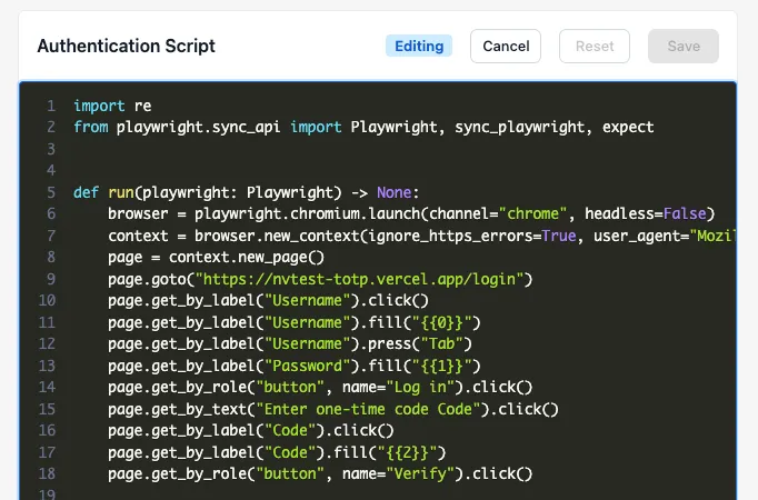 The Authentication Script panel in edit mode, with the Editing chip in the header.