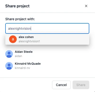 The Project sharing modal.