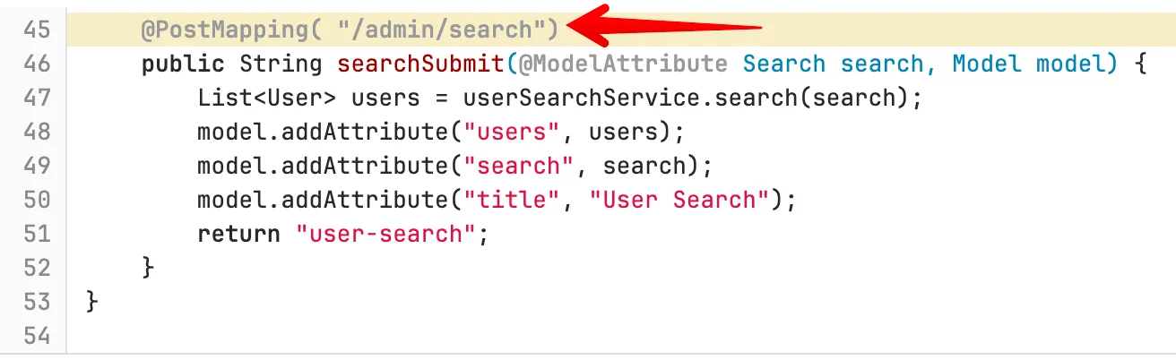 The line of code where the vulnerable endpoint was declared.