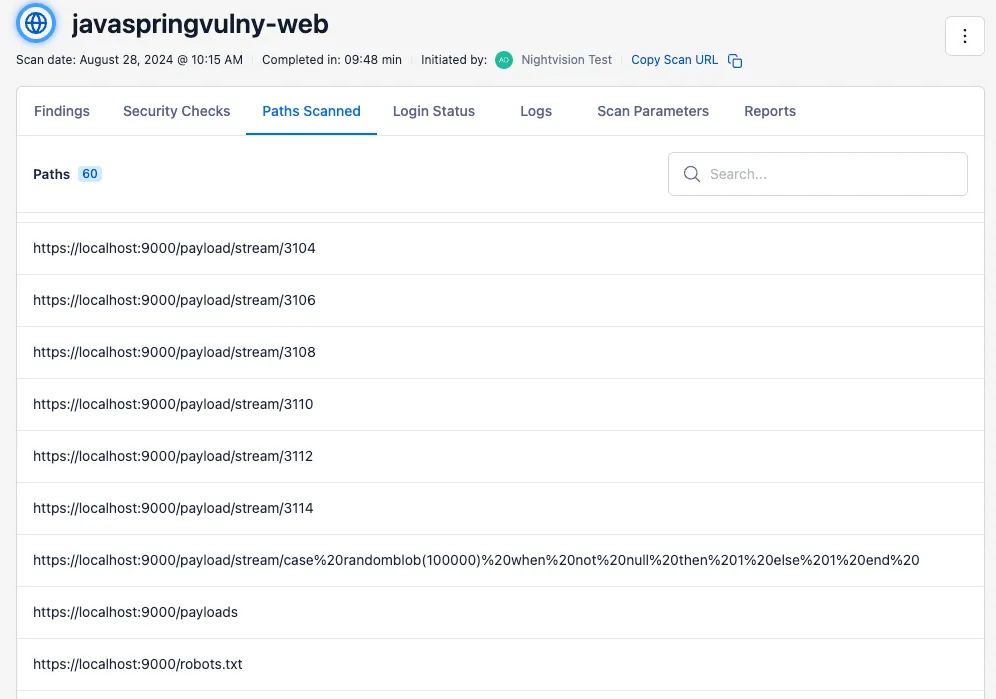 The Paths Scanned tab lists the URL paths that were crawled or tested by the scan.