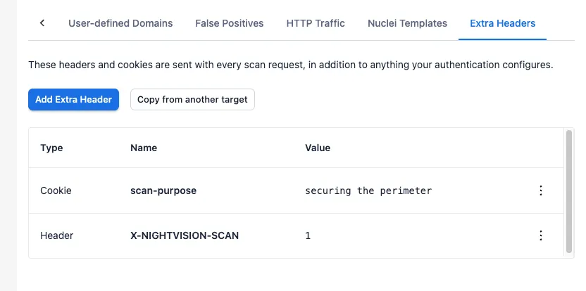 The Extra Headers tab on Target Details, with one cookie and one header attached.