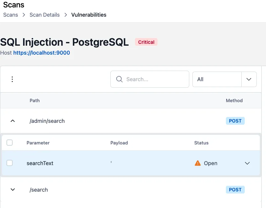 Scan Details displays the list of URL paths, HTTP methods, and parameters related to a discovered vulnerability.