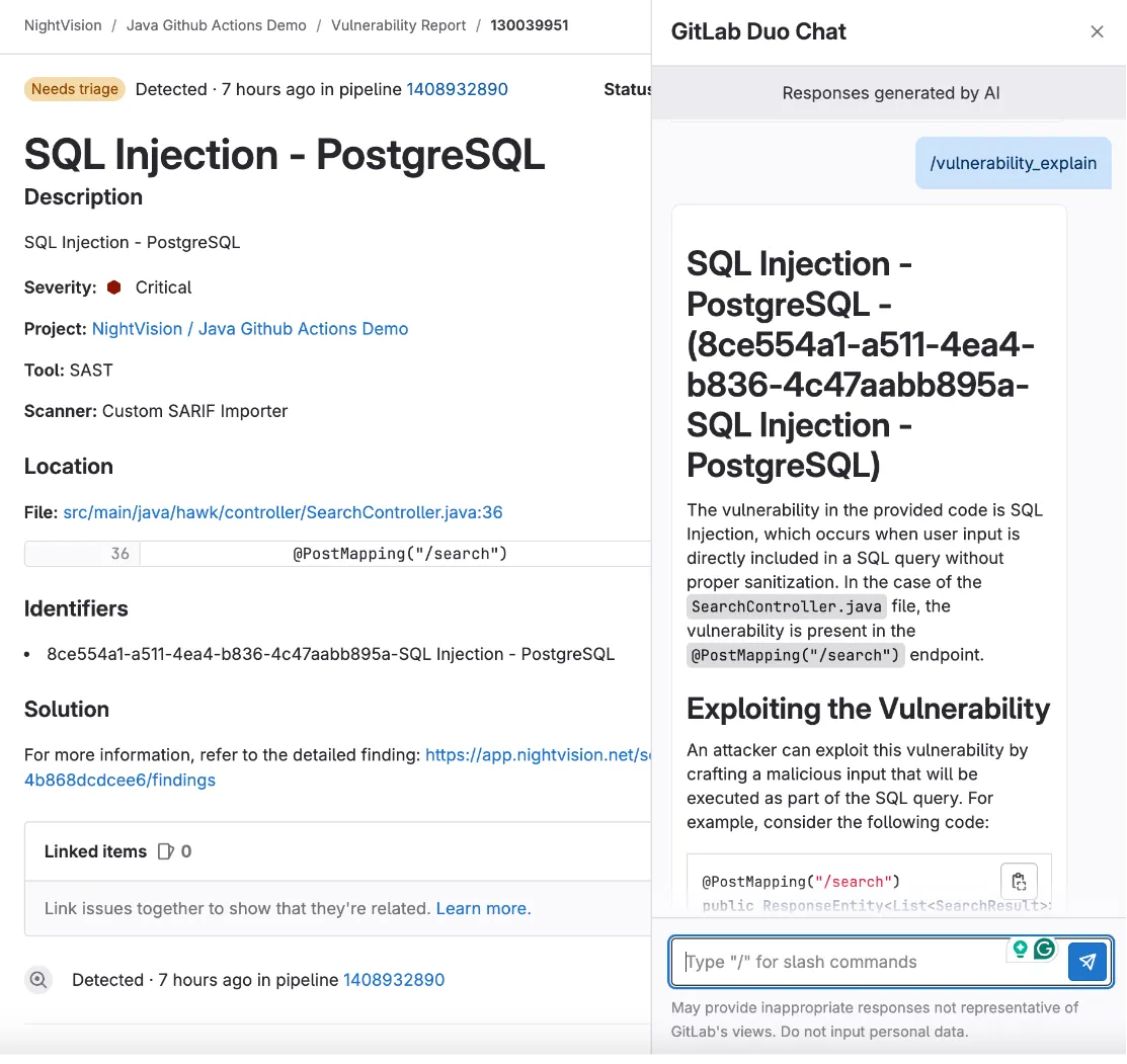GitLab Duo provides AI-powered remediation guidance.