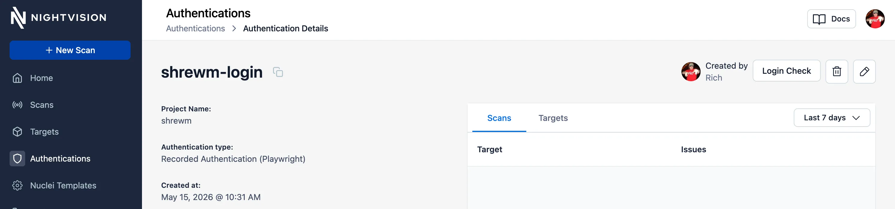 The Login Check button on the Authentication Details page, next to Edit and Delete.