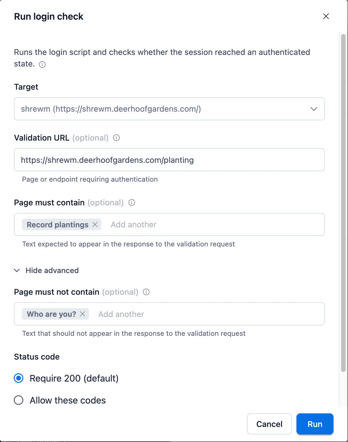 The Run login check dialog with Show advanced expanded, revealing "Page must not contain" and the Status code radio group.