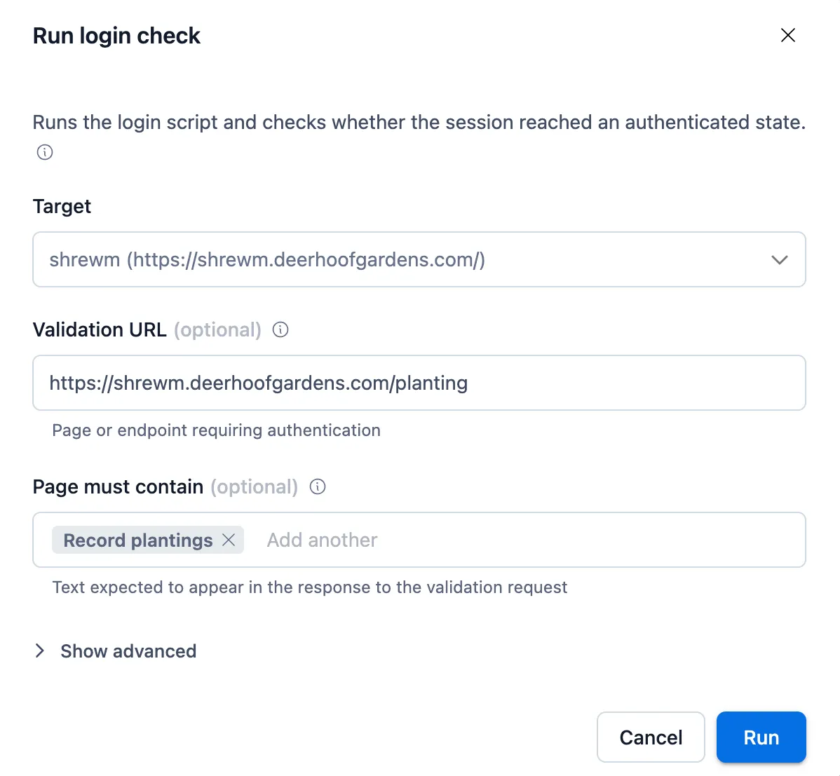The Run login check dialog with target selected, validation URL filled, and one "Page must contain" chip.