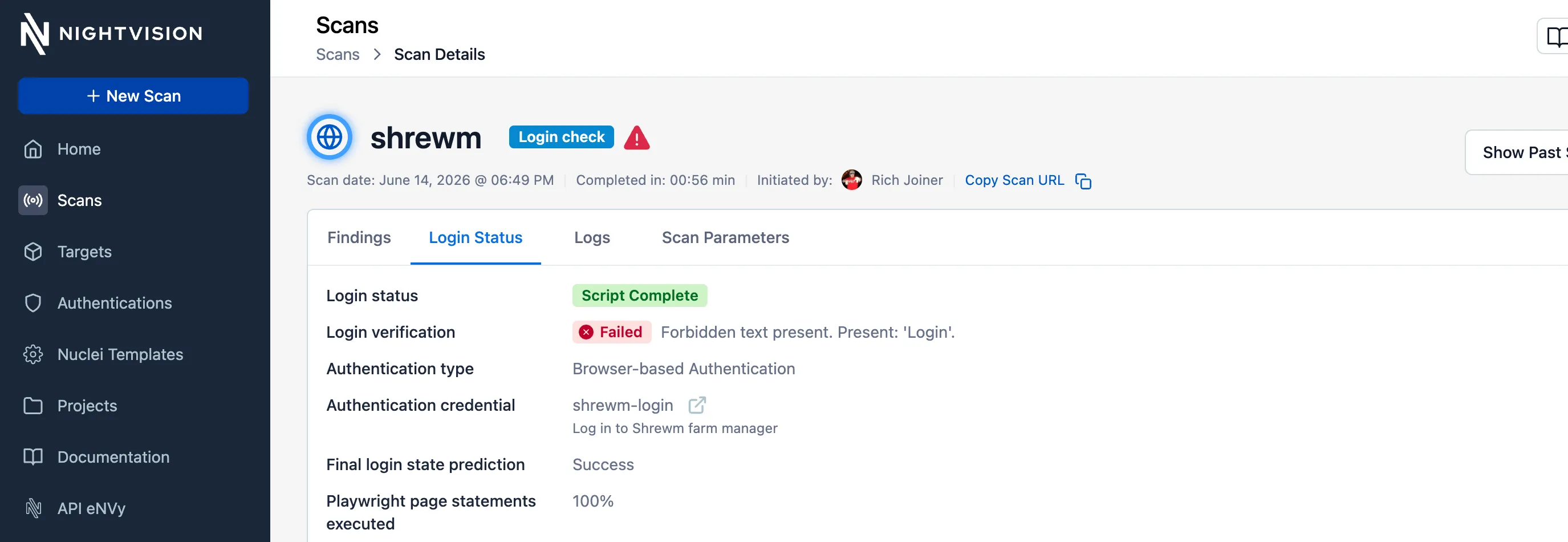 Login Status tab with a red Failed chip explaining that a forbidden substring ("Login") was found in the response body.