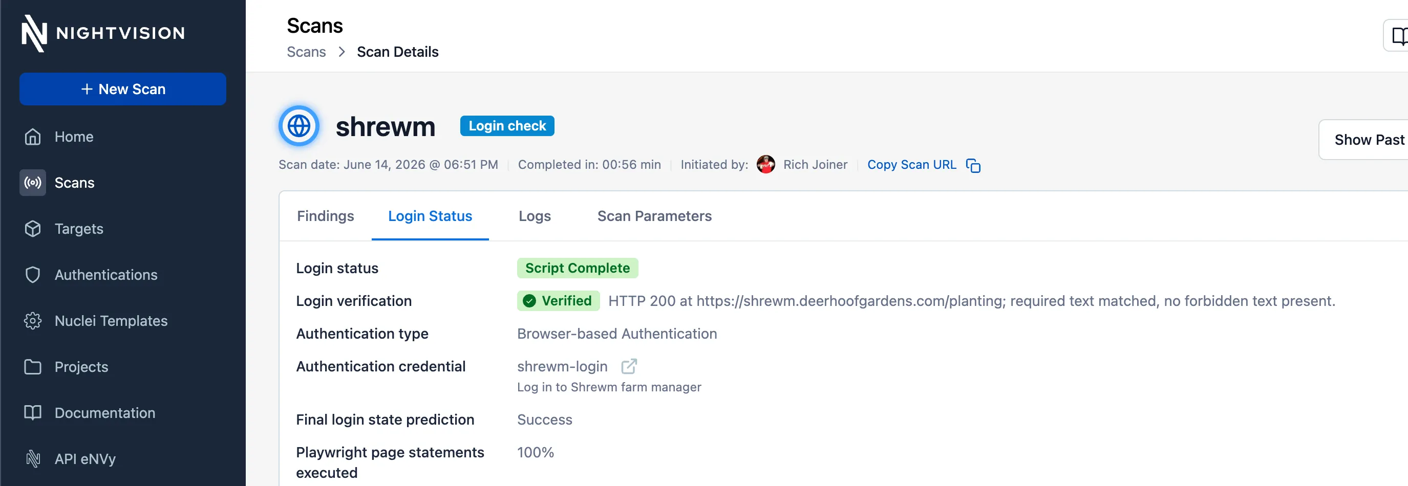 Login Status tab with a green Verified chip and an inline summary noting HTTP 200, required text matched, no forbidden text present.
